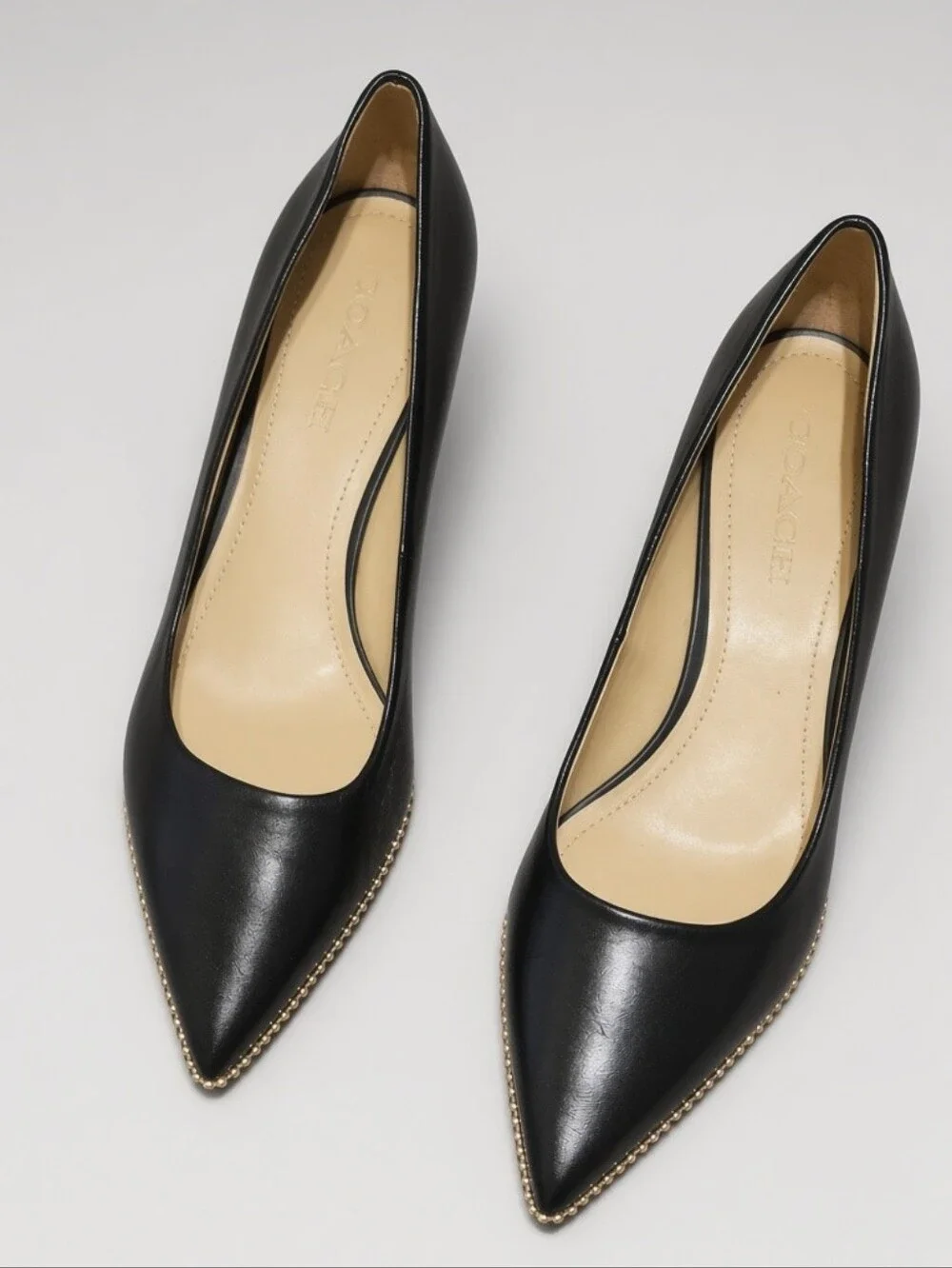 Coach Black Leather Pointed Block Heel Pumps with Gold Bead Trim Size 10